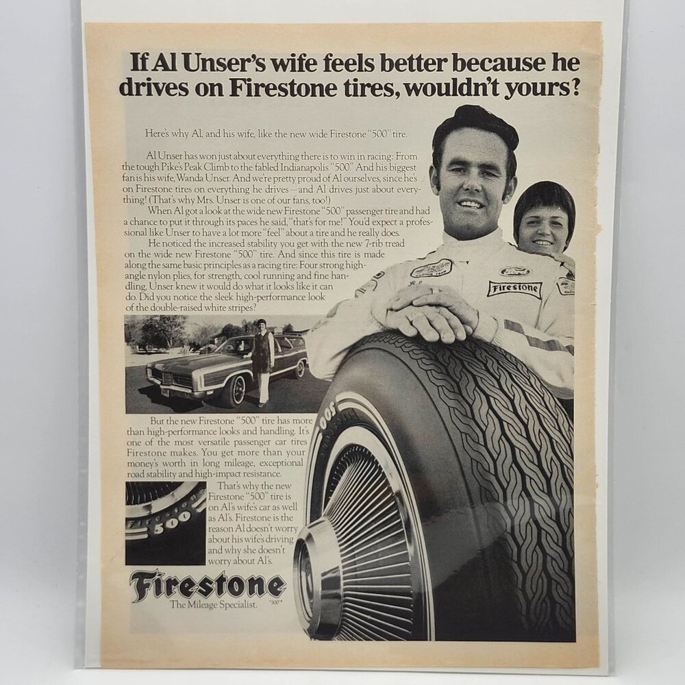 Vintage Firestone 500 Tire Life Magazine Print Ad Al Unser